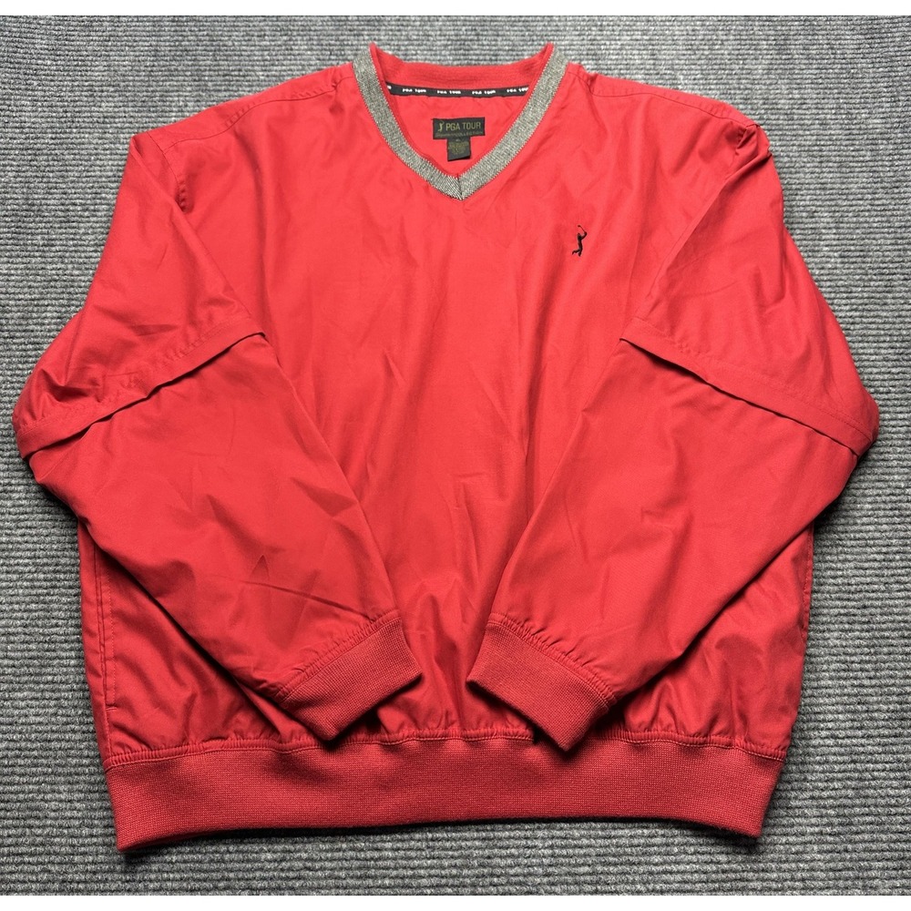 PGA TOUR Jacket Mens XL Red V-Neck Golf Windbreaker Pullover Signature Zip Off